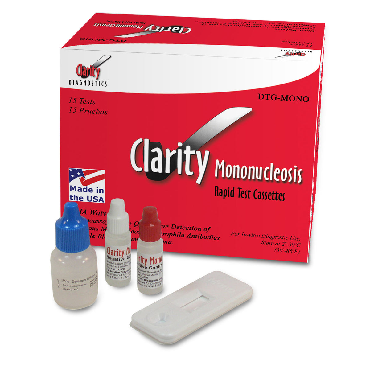 Clarity-DTG-MONO Mononucleosis Test Cassettes, CLIA Waived, Whole Blood (15/bx)