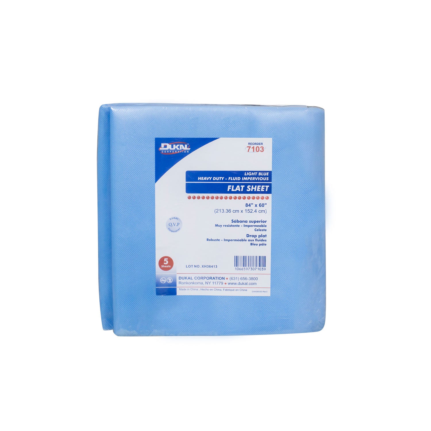 Dukal Corporation-7103 Flat Sheet, 84" x 60", Heavy Duty Fluid Resistant, Lt. Blue (5/bg, 10 bg/cs)