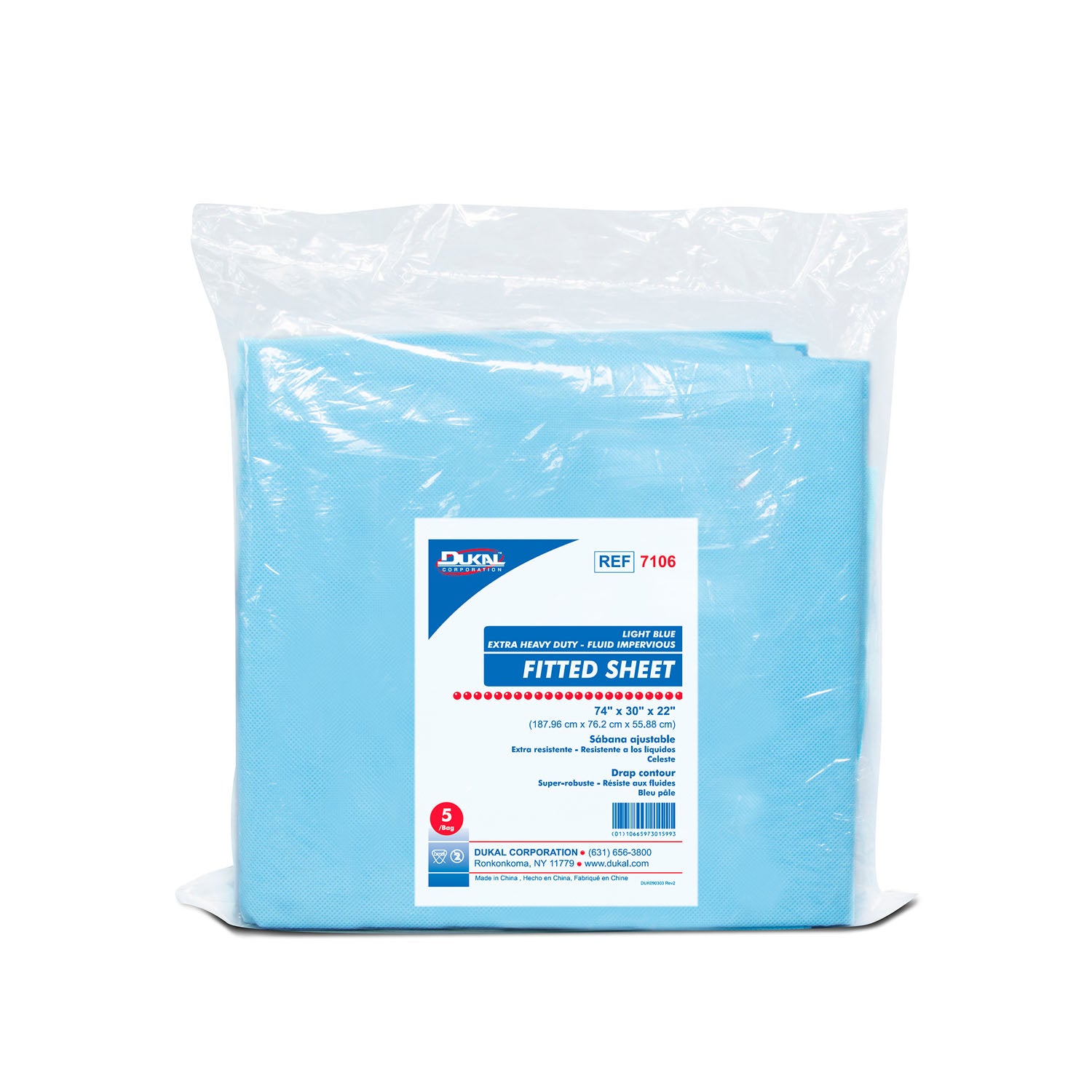Dukal Corporation-7106 Fitted Sheet, Heavy Duty Fluid Impervious, 74" x 30" x 22", Lt. Blue (5/bg, 10 bg/cs,28 cs/plt)