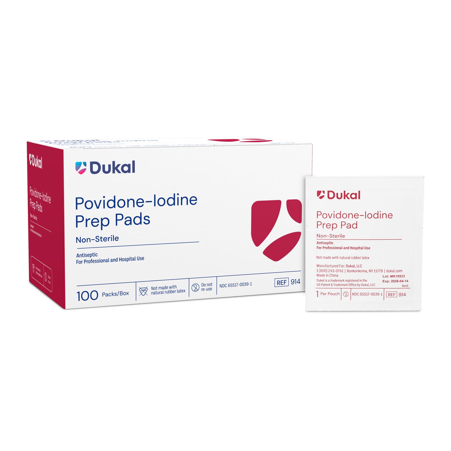Dukal Corporation-914 PVP-I Prep Pads, Medium, Non-Sterile (1/pk, 100 pk/bx, 10 bx/cs)