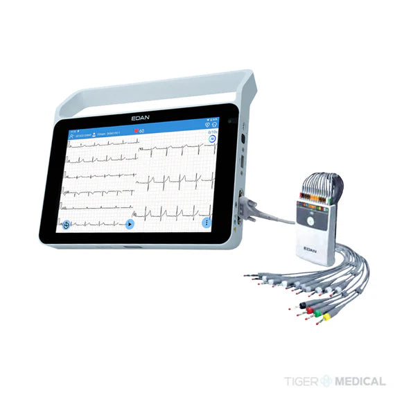 EDAN iSE con configuración de 12 canales. Pantalla táctil de 10'' con wifi y bluetooth. Comunicación directa con EMR/HIS vía HL7 y DICOM. Ranura para tarjeta SIM y FDA-XML