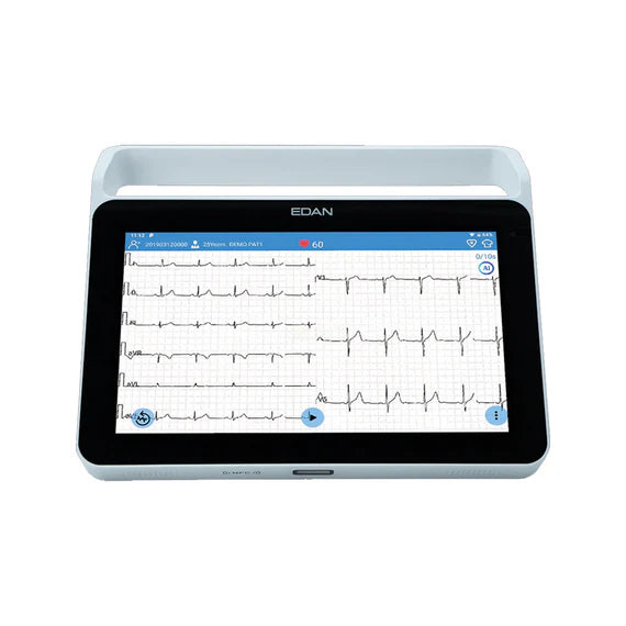 EDAN iSE con configuración de 12 canales. Pantalla táctil de 10'' con wifi y bluetooth. Comunicación directa con EMR/HIS vía HL7 y DICOM. Ranura para tarjeta SIM y FDA-XML