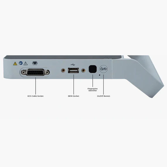 EDAN iSE con configuración de 12 canales. Pantalla táctil de 10'' con wifi y bluetooth. Comunicación directa con EMR/HIS vía HL7 y DICOM. Ranura para tarjeta SIM y FDA-XML