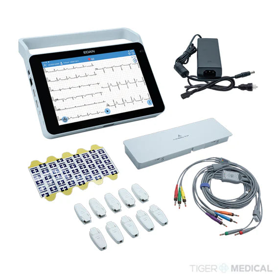 EDAN iSE con configuración de 12 canales. Pantalla táctil de 10'' con wifi y bluetooth. Comunicación directa con EMR/HIS vía HL7 y DICOM. Ranura para tarjeta SIM y FDA-XML