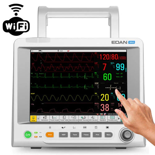 EDAN iM80 Patient monitor with 15'' touch screen. 3/5-lead ECG, RESP, NIBP, 2-TEMP, PR, HR, EDAN SpO2 and internal OEM Edan Sidestream G2 CO2 module.