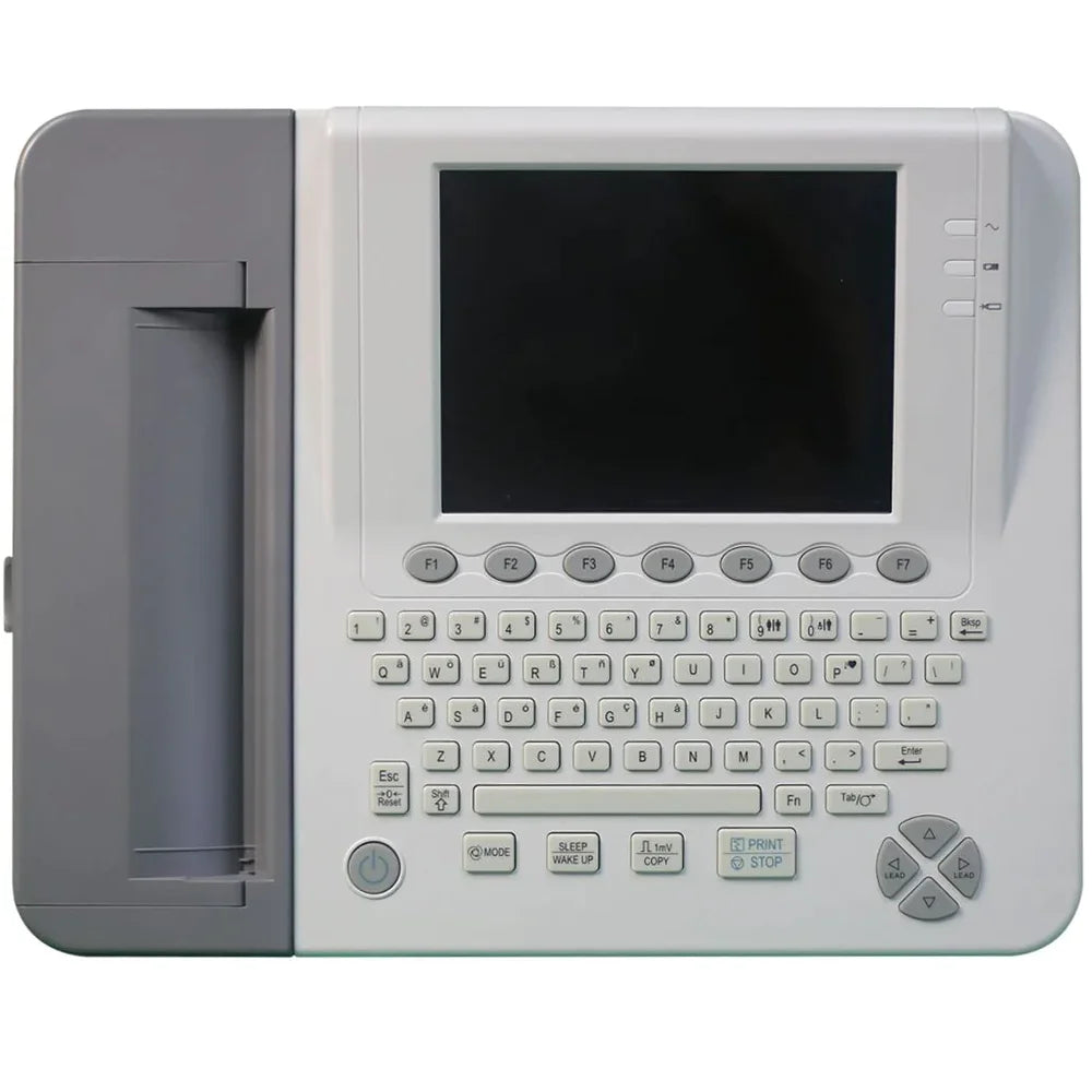 EdanUSA twelve channel ECG, 8.4" LCD display, keyboard, wifi, and color screen. Onboard PDF creator and 800 test internal memory with Glasgow interpretation.