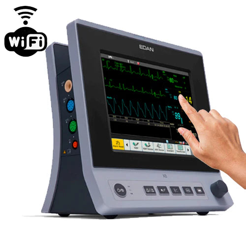 Monitor de paciente EDAN X8 con pantalla táctil de 8'' y Wi-Fi. Configuración estándar: ECG de 3/5 derivaciones, RESP, NIBP, Edan SpO2, 1-TEMP, PR, HR y memoria interna para revisión de datos anteriores. Impresora instalada en el lateral de la unidad.