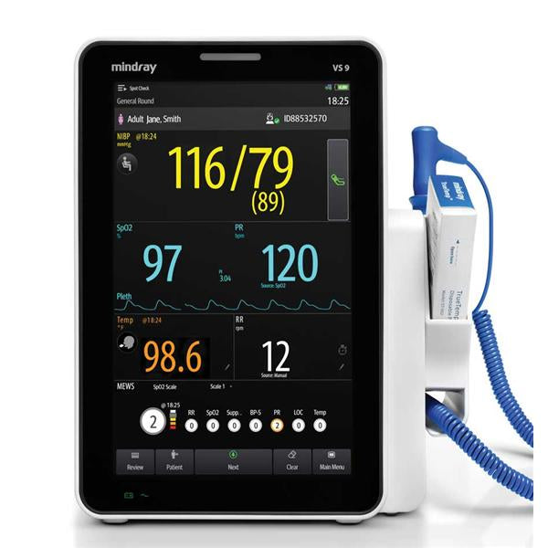 MINDRAY-121-002423-00 VS9 Monitor de signos vitales, presión arterial y frecuencia cardíaca no invasivas, Nellcor OxiMax SpO2, TrueTemp, conexión inalámbrica de 2,4/5 GHz