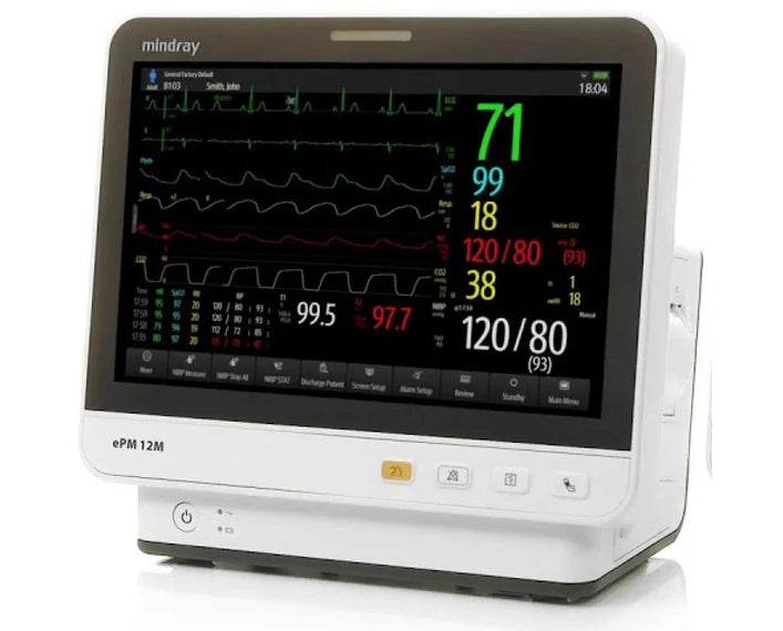 Mindray ePM 12M con ECG de 3/5 derivaciones, análisis de arritmias, Masimo SpO2, NIBP, temperatura, respiración (pn 9203E-PA00013)