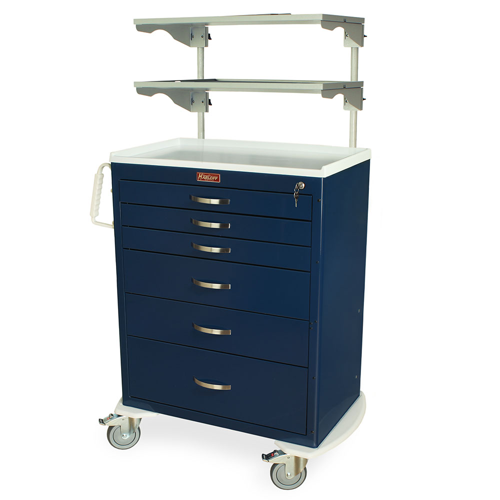 Harloff-MDS3030K06+MD30-ADJSHLF2-XBAR M-Series Standard Width Tall Medical Equipment Cart Six Drawers with Key Lock, Height Adjustable Overhead Shelves