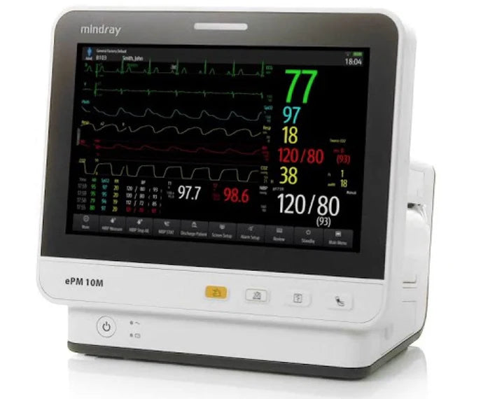 Mindray ePM 10M con ECG de 3/5 derivaciones, análisis de arritmias, Masimo SpO2, NIBP, temperatura, respiración (pn 9204E-PA00001)