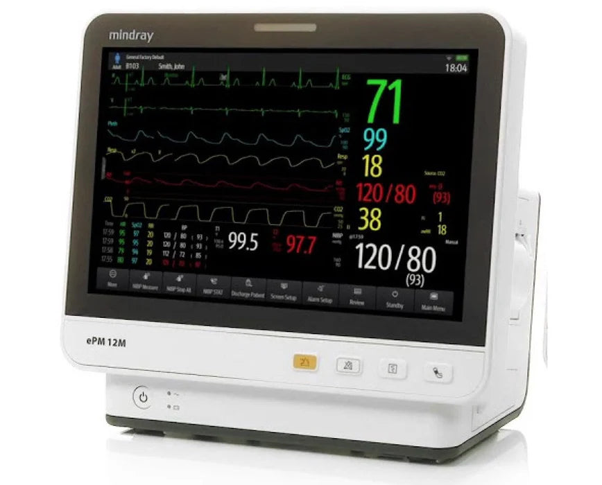 Mindray ePM 12M con ECG de 3/5 derivaciones, análisis de arritmias, Masimo SpO2, NIBP, temperatura, respiración (pn 9203E-PA00013)