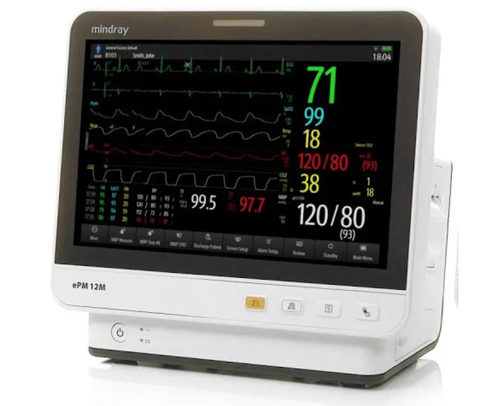Mindray ePM 12M con ECG de 3/5 derivaciones, análisis de arritmias, Masimo SpO2, NIBP, temperatura, respiración (pn 9203E-PA00013)