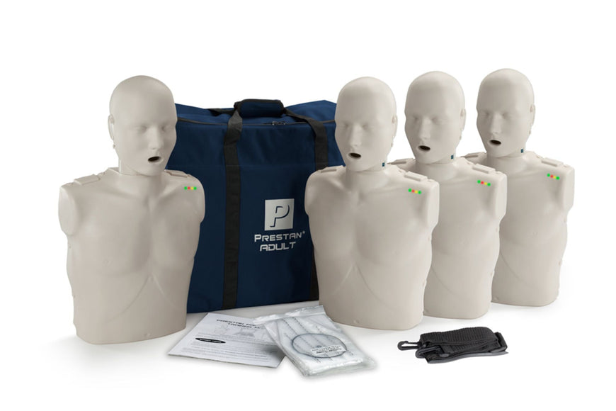 PRESTAN-PP-AM-400M-DS Maniquí profesional para adultos con información sobre RCP, paquete de 4 (piel oscura); incluye (50) protectores faciales y bolsas pulmonares para adultos, bolsa de transporte e instrucciones