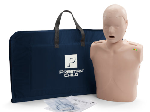 Maniquí profesional para niños PRESTAN-PP-CM-100M-MS con información sobre RCP, individual (piel mediana); incluye (10) protectores faciales y bolsas pulmonares para niños, bolsa de transporte e instrucciones