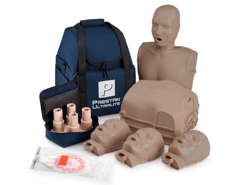 Maniquí Ultralite PRESTAN-PP-ULM-400-DS sin retroalimentación de RCP, paquete de 4 (piel oscura); incluye (50) bolsas para pulmones/protectores faciales Ultralite, bolsa de transporte e instrucciones