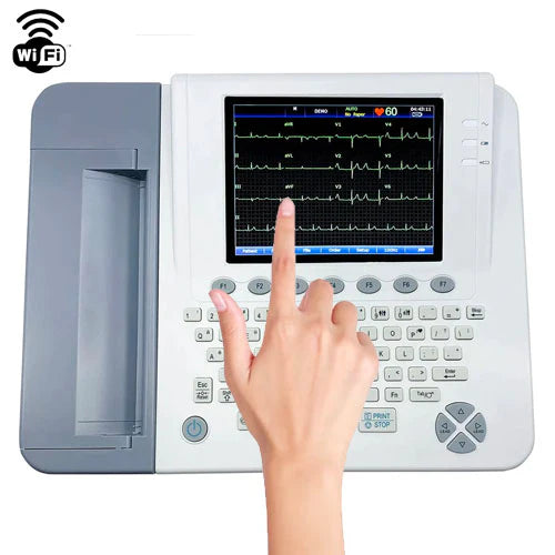 EDAN Twelve channel ECG, 8.4" LCD display, keyboard, wifi, and color touchscreen. Onboard PDF creator and 800 test internal memory with Glasgow interpretation.