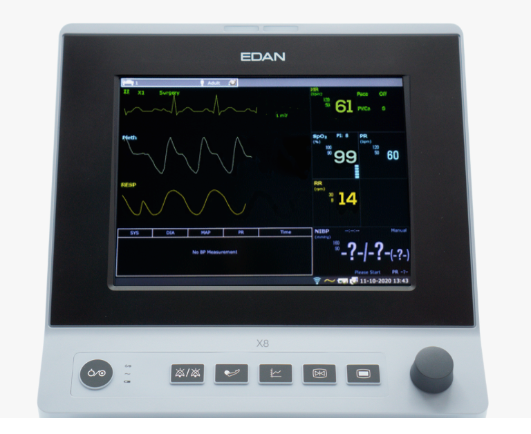 Monitor de paciente EDAN X8 con pantalla táctil de 8'' y Wi-Fi. Configuración estándar: ECG de 3/5 derivaciones, RESP, NIBP, Edan SpO2, 1-TEMP, PR, HR y memoria interna para revisión de datos anteriores. Impresora instalada en el lateral de la unidad.