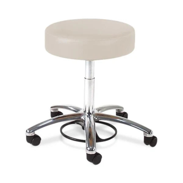 Taburete para médico Graham Field, liberación manual cromada de 360 ​​grados, base de aluminio pulido con aro para pies