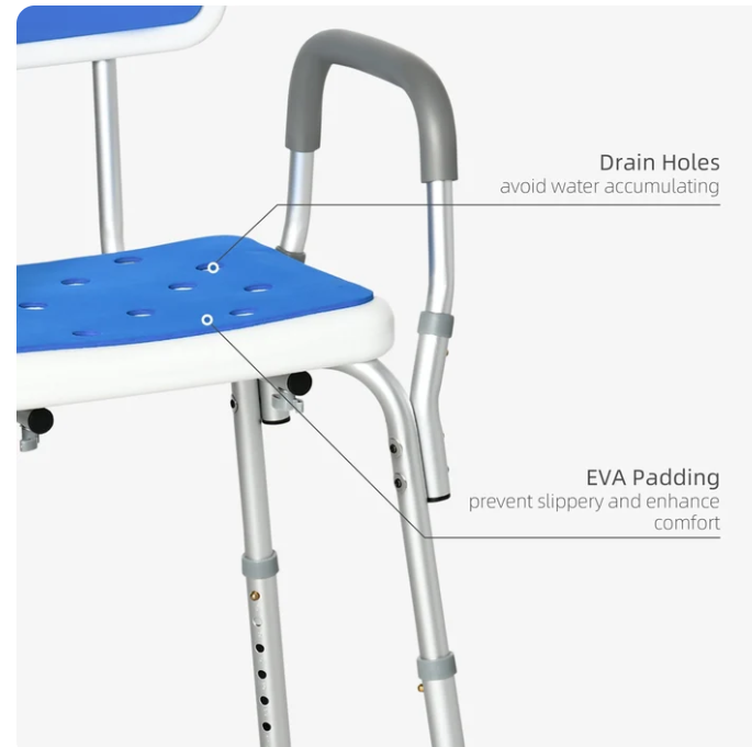 A2Z Mobility-5033300 Height-Adjustable Shower Chair with Armrests & Backrest – Blue/White (1 EA)