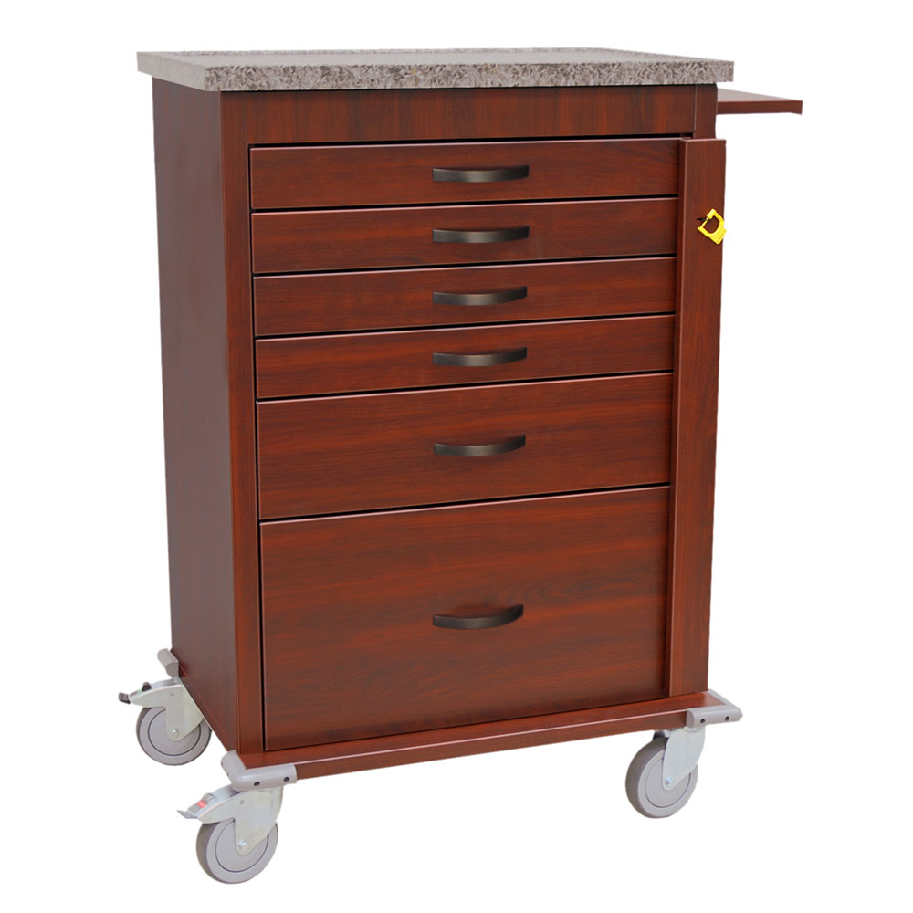 Harloff-WV6400-CM Wood Vinyl Tall Emergency Cart Six Drawers with Breakaway Lock - Cherry Mahogany