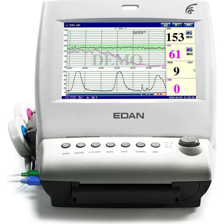 EDAN Dual twins fetal monitor with maternal parameters and DECG/IUP capabilities. 12" Color touchscreen LCD with thermal printer. F9.IPM