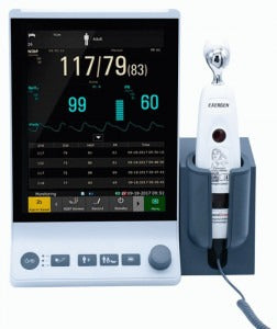 Vital Sign monitor with spot check, continuous monitoring and ward round mode. NIBP, SpO2, and Exergen temporal temperature kit (TAT5000S probe). Touch screen, and Wi-Fi