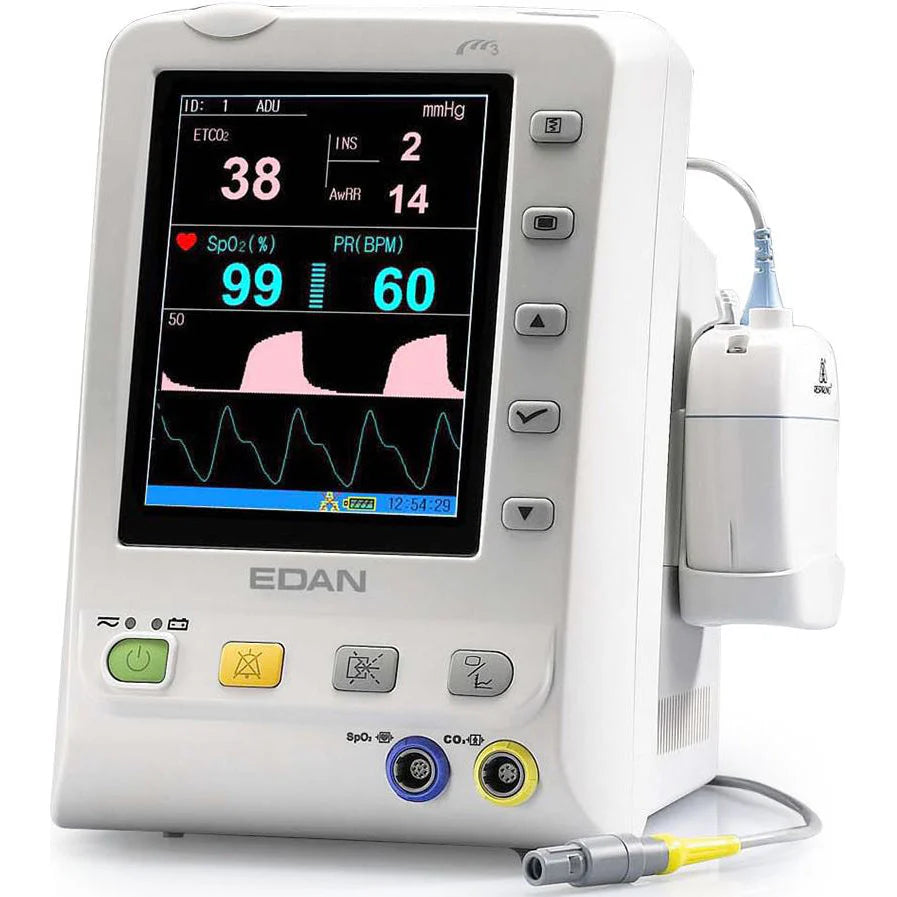 The M3B vitals monitor with CO2 and SpO2 monitoring. 5.7 inch Color TFT Screen. Respironics Sidestream CO2 measurement with the LoFlo module.