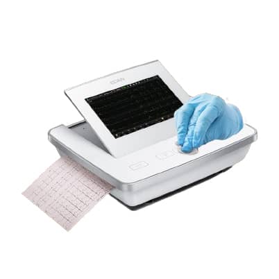 EDAN Twelve channel ECG with 10" touchscreen and customizable short cut bar. Internal Storage for 1000 ECGs and historical comparisons with Glasgow interpretation. Direct HL7 & DICOM communication with EMR/PAC system, no extra software needed.