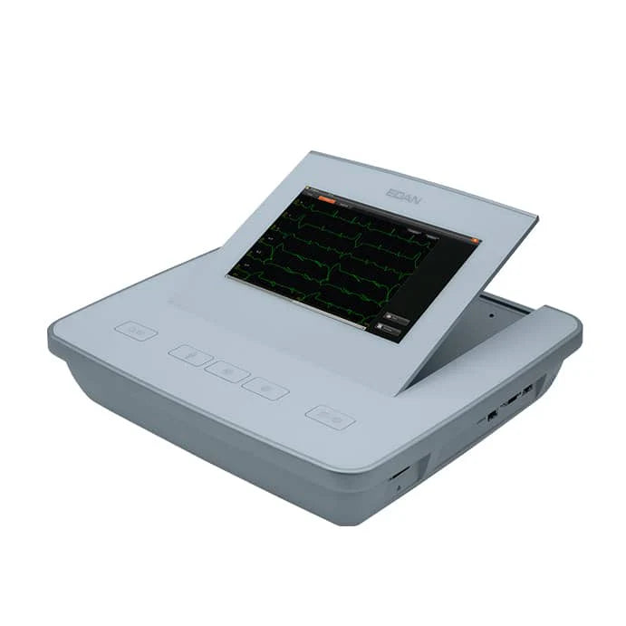 EDAN Twelve channel ECG with 10" touchscreen and customizable short cut bar. Internal Storage for 1000 ECGs and historical comparisons with Glasgow interpretation. Direct HL7 & DICOM communication with EMR/PAC system, no extra software needed.