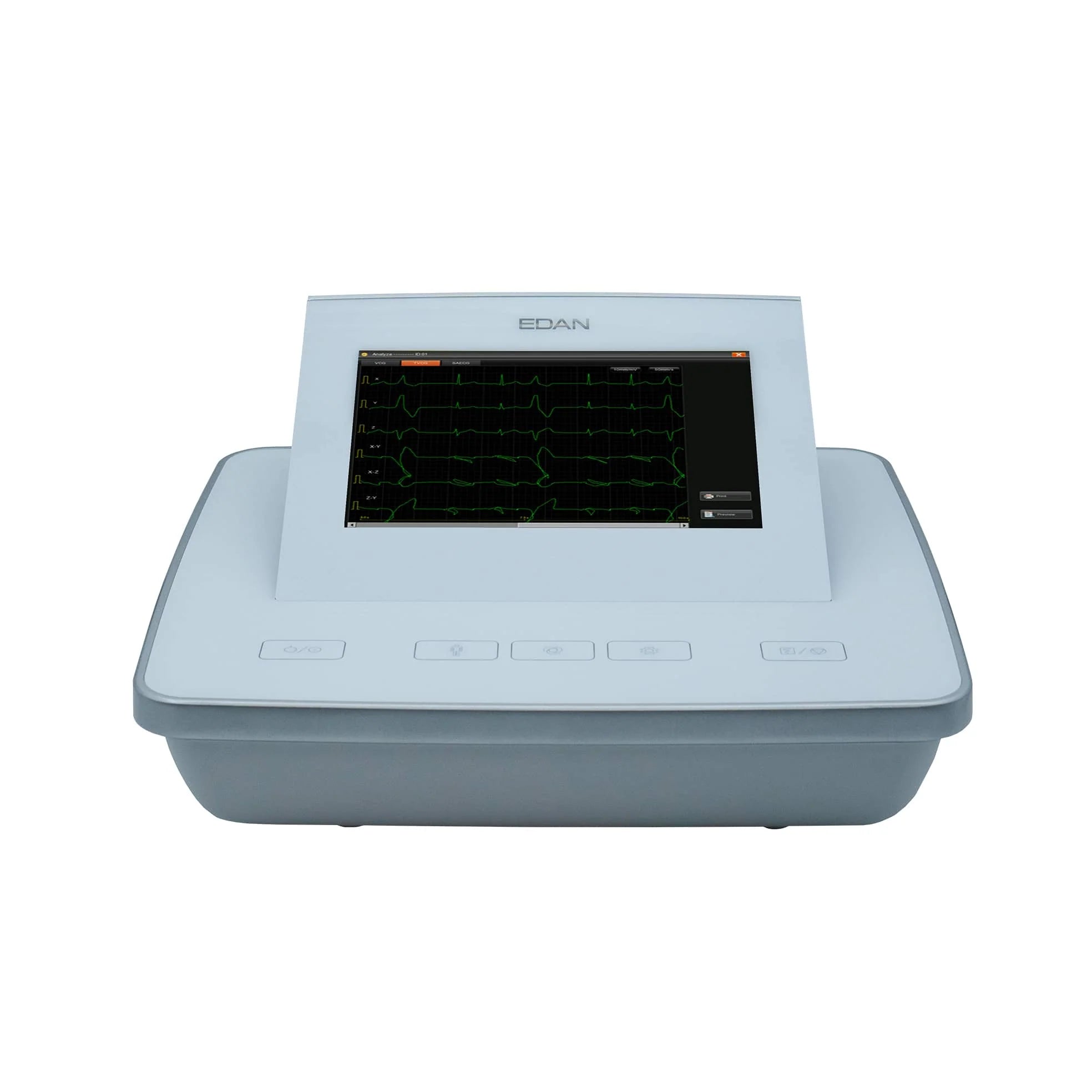 EDAN Twelve channel ECG with 10" touchscreen and customizable short cut bar. Internal Storage for 1000 ECGs and historical comparisons with Glasgow interpretation. Direct HL7 & DICOM communication with EMR/PAC system, no extra software needed.