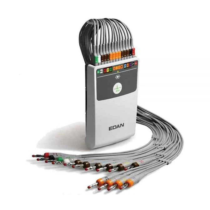 EDAN PC based, wireless 12 channel ECG. Includes acquisition box with USB connection to PC, wireless transmitter for patient, and software. Resting ECG standard with Glasgow interpretation and optional stress upgrade available.