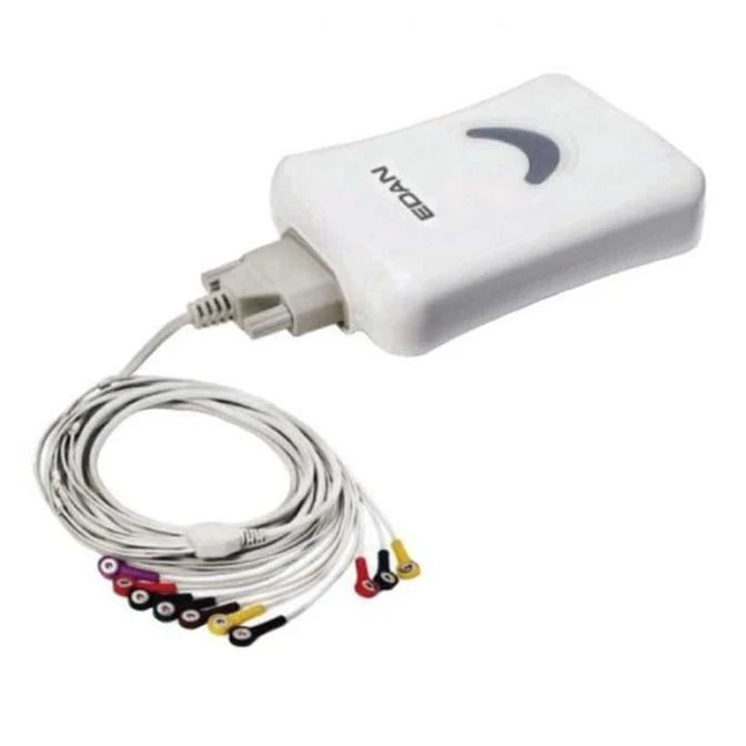 EDAN PC based, wireless 12 channel ECG. Includes acquisition box with USB connection to PC, wireless transmitter for patient, and software. Resting ECG standard with Glasgow interpretation and optional stress upgrade available.