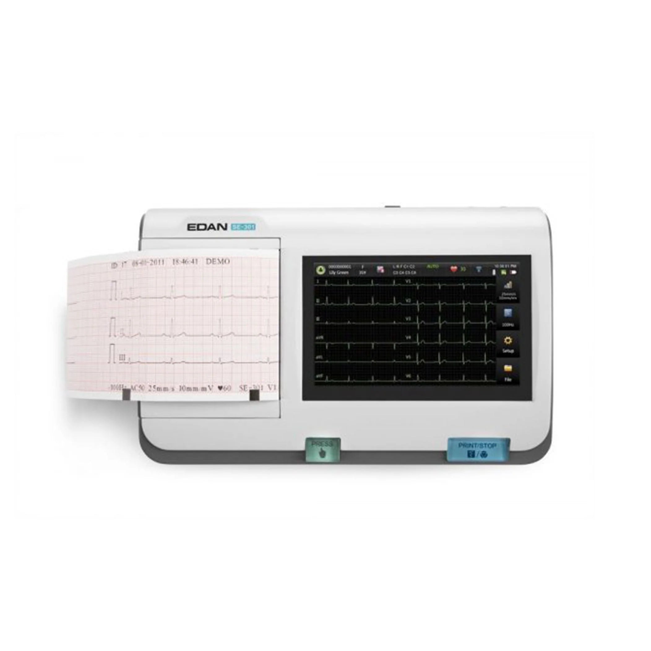 EDAN Handheld ECG with 12 waveforms displayed on 5" touchscreen and 3 channel print out. One button operation. Internal Wi-Fi module included.