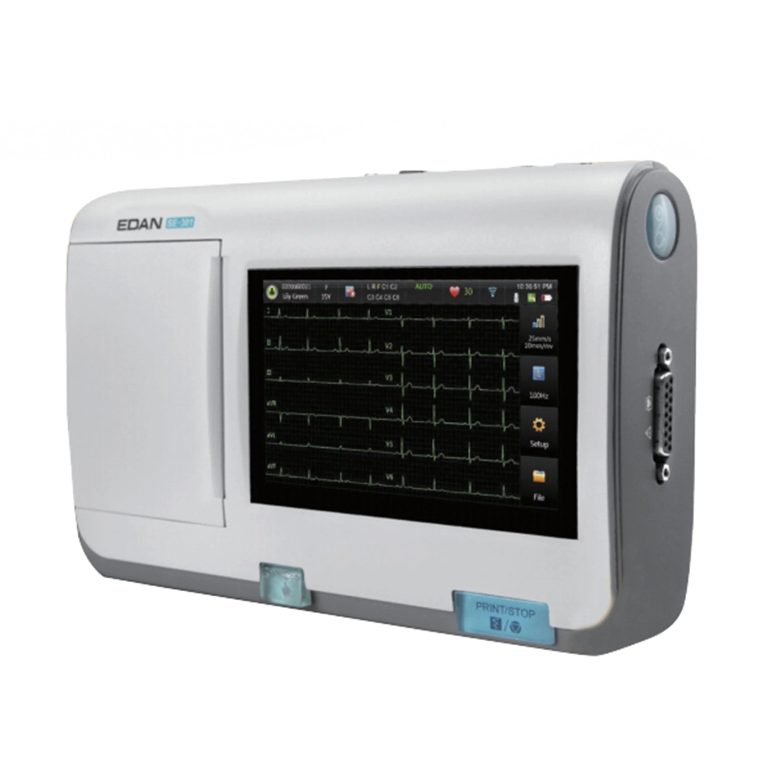 EDAN Handheld ECG with 12 waveforms displayed on 5" touchscreen and 3 channel print out. One button operation. Internal Wi-Fi module included.