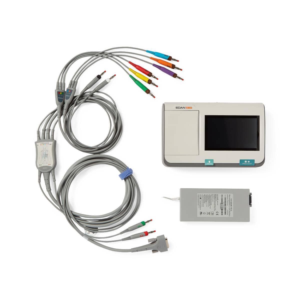 EDAN Handheld ECG with 12 waveforms displayed on 5" touchscreen and 3 channel print out. One button operation.