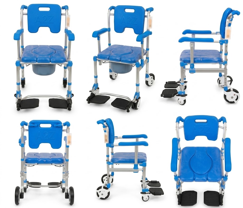 A2Z Mobility-A2Z-SC802BLU Rolling Shower Commode Chair with Footrests - Blue (1 EA)