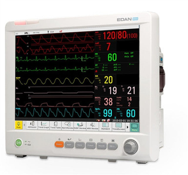 Monitor de paciente EDAN iM80 con pantalla táctil de 15''. ECG de 3/5 derivaciones, RESP, NIBP, 2-TEMP, PR, HR, EDAN SpO2 y módulo de CO2 Edan Sidestream G2 OEM interno. Impresora instalada.