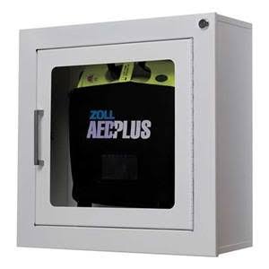 Caja de montaje en pared para superficie ZOLL-8000-0817 (7" de profundidad) diseñada para sostener AED Plus (en un soporte sin estuche de transporte) y un juego de electrodos de repuesto.