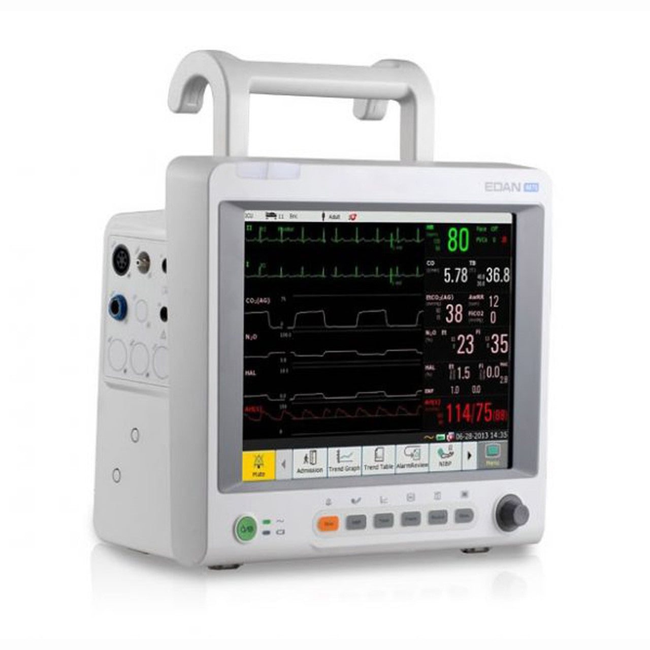 EDAN iM70 Patient monitor with 12'' screen and WiFi. Standard parameters- 3/5-lead ECG, RESP, NIBP, 2-TEMP, PR, HR, EDAN SpO2. Open CO2 and IBP ports. Printer installed.