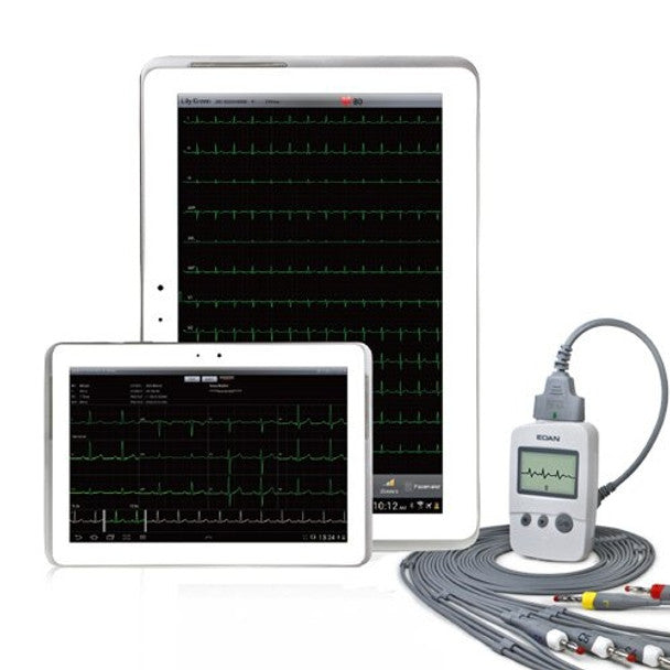 EDAN Tablet based ECG, compatible with Android and iOS app. Wireless sampling transmitter connects via bluetooth to tablet.