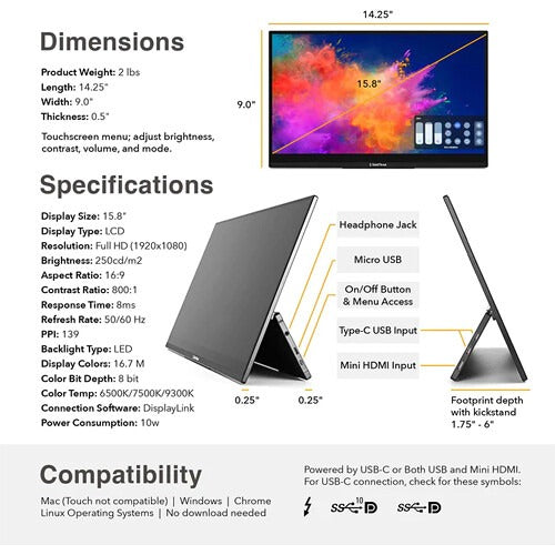 Luxor-LTFR002 SideTrak Solo Touch Pro HD 15.8" Freestanding Portable Monitor