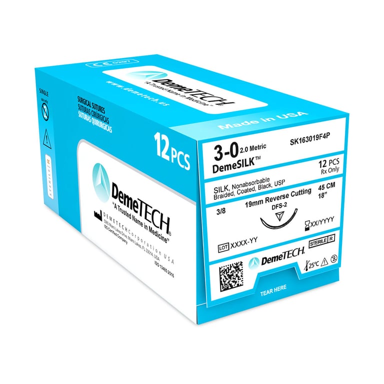 DemeTECH DemeSILK Silk Black Suture, DFS-2 Reverse Cutting Needle