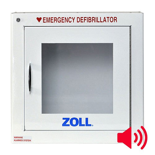Caja de montaje en pared para superficie ZOLL-8000-0817 (7" de profundidad) diseñada para sostener AED Plus (en un soporte sin estuche de transporte) y un juego de electrodos de repuesto.