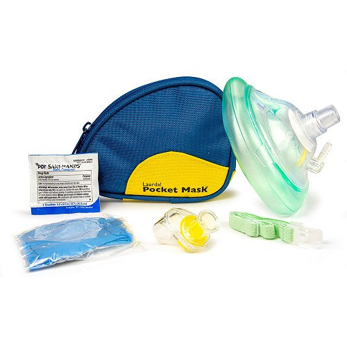 LAERDAL-83004033 Máscara de bolsillo con entrada de O2, correa para la cabeza, guantes, estuche blando azul