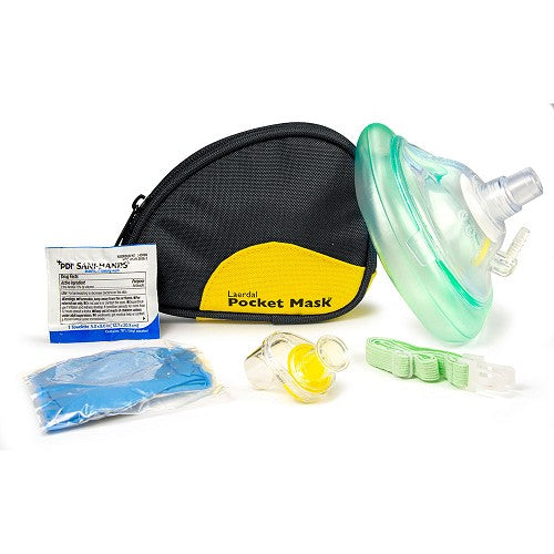 LAERDAL-83004133 Máscara de bolsillo con entrada de O2, correa para la cabeza, guantes, estuche blando negro