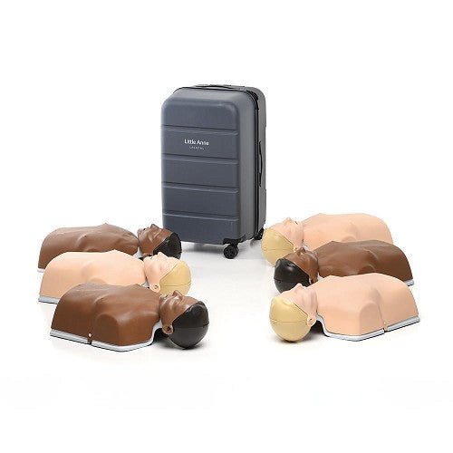 LAERDAL-135-01050 Little Anne Combo 6-pack NEW: 6 stackable manikins (Light & Dark mix), 6 Manikin faces, 60 manikin filters, 12 AA batteries, 24 manikin wipes, 1 wheeled suitcase, 1 User Guide, 1 Warranty, 1 Important Product Information