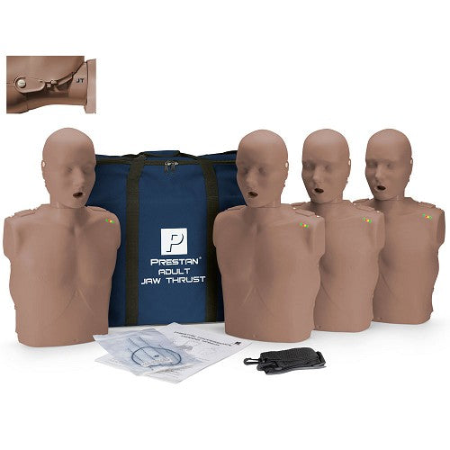 PRESTAN-PP-JTM-400M-DS Maniquí de tracción mandibular profesional para adultos con retroalimentación de RCP, paquete de 4 (piel oscura); incluye (50) protectores faciales/bolsas pulmonares para adultos, bolsa de transporte e instrucciones