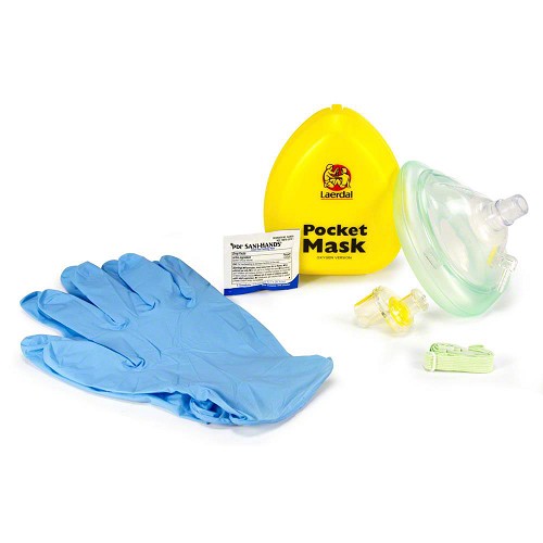 LAERDAL-83001133 Máscara de bolsillo con entrada de O2, correa para la cabeza, guantes, estuche rígido amarillo